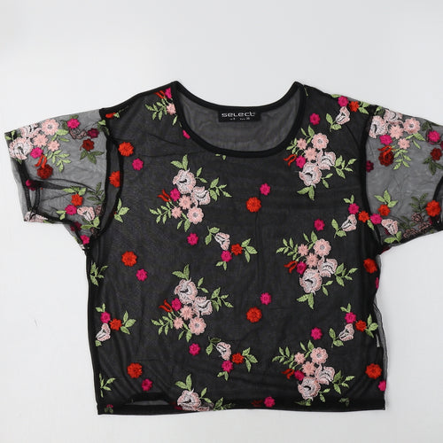 Select Womens Black Floral Polyester Cropped T-Shirt Size 8 Crew Neck