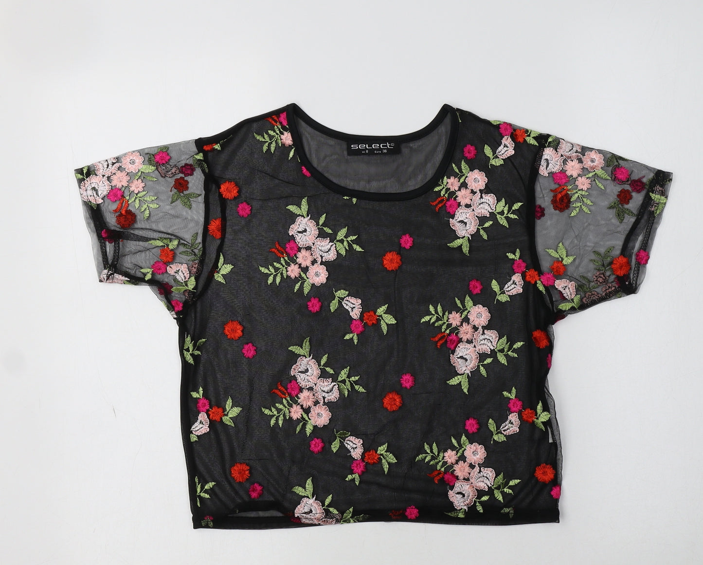 Select Womens Black Floral Polyester Cropped T-Shirt Size 8 Crew Neck