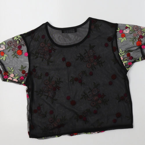 Select Womens Black Floral Polyester Cropped T-Shirt Size 8 Crew Neck