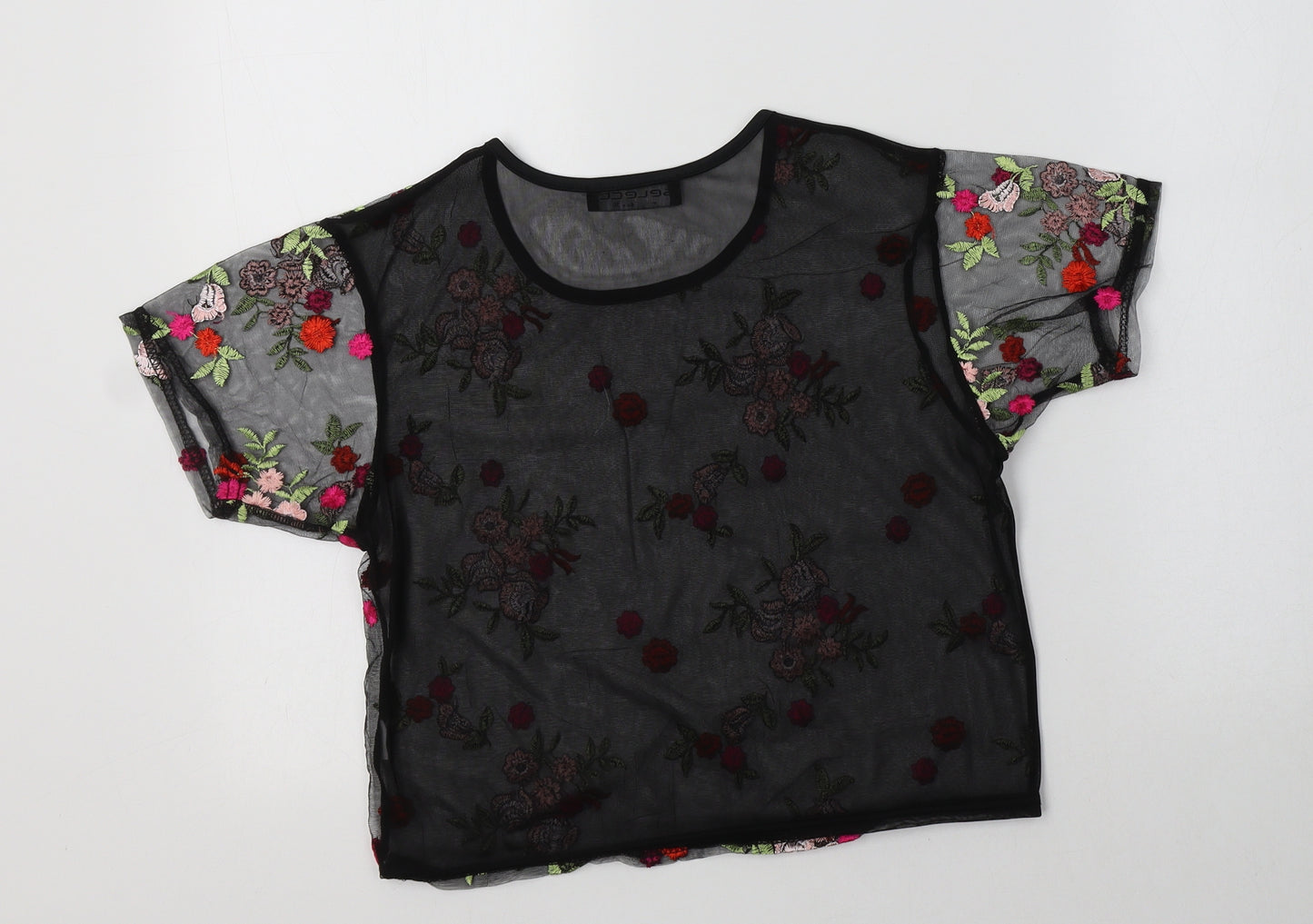 Select Womens Black Floral Polyester Cropped T-Shirt Size 8 Crew Neck