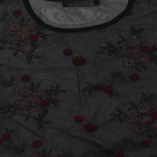 Select Womens Black Floral Polyester Cropped T-Shirt Size 8 Crew Neck