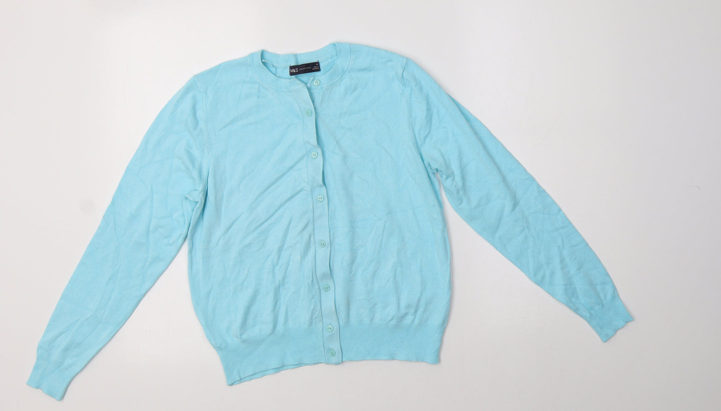 M&S Womens Blue Crew Neck  Viscose Cardigan Jumper Size 14