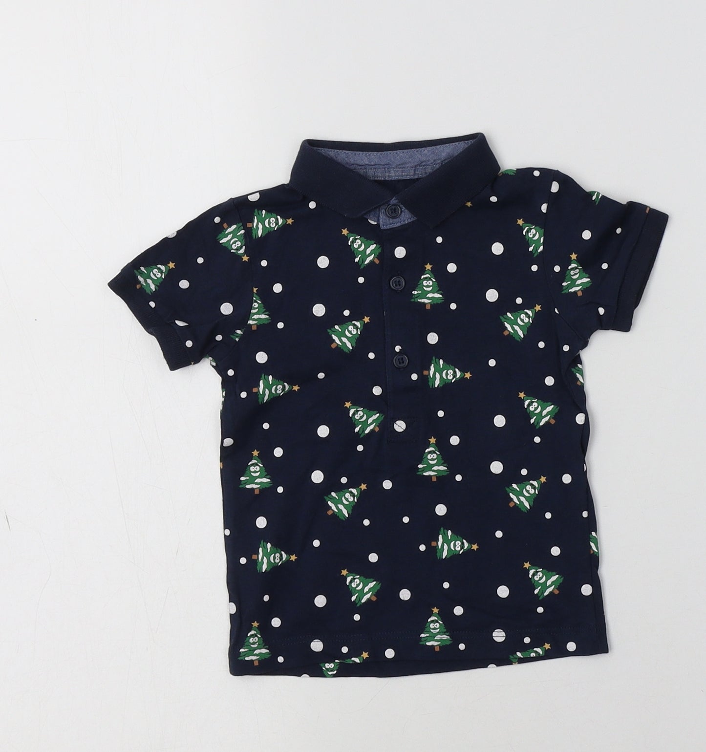 Matalan Baby Blue Polka Dot Cotton Basic Polo Size 6-9 Months Collared  - Christmas Tree Print