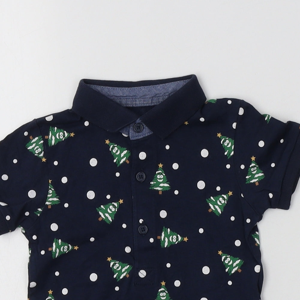 Matalan Baby Blue Polka Dot Cotton Basic Polo Size 6-9 Months Collared  - Christmas Tree Print