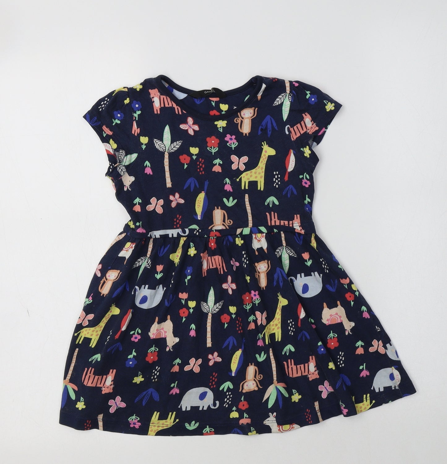 George Girls Blue Geometric Cotton Fit & Flare  Size 3-4 Years  Crew Neck  - Jungle Animals