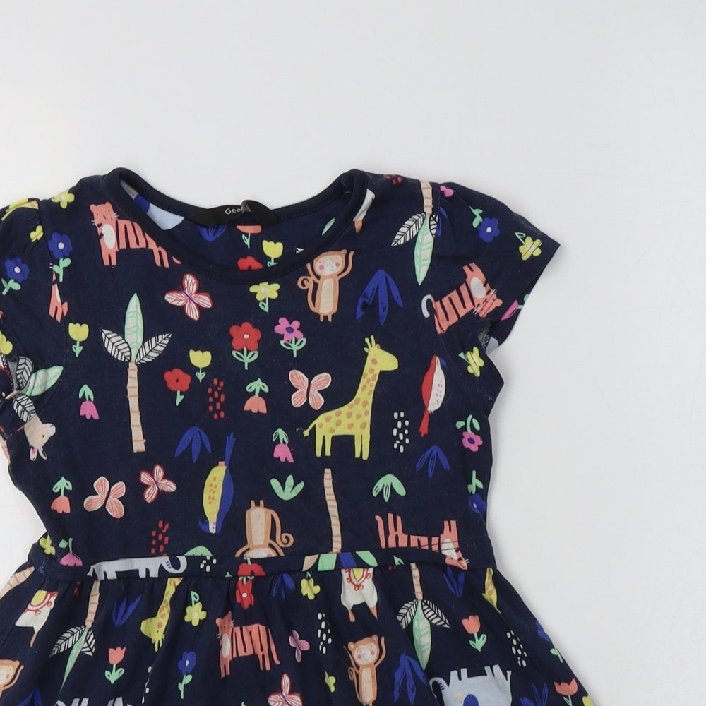 George Girls Blue Geometric Cotton Fit & Flare  Size 3-4 Years  Crew Neck  - Jungle Animals