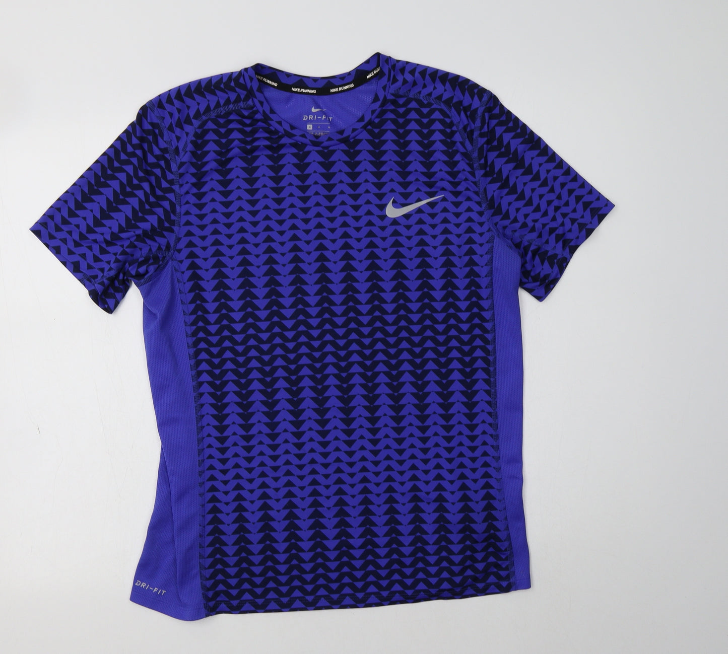 Nike Mens Blue Geometric Polyester Jersey Polo Size M Crew Neck