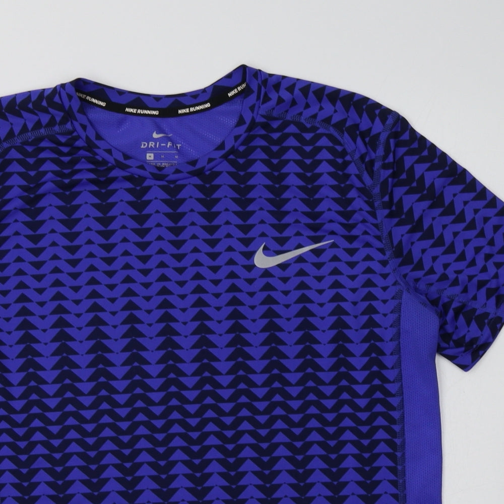 Nike Mens Blue Geometric Polyester Jersey Polo Size M Crew Neck