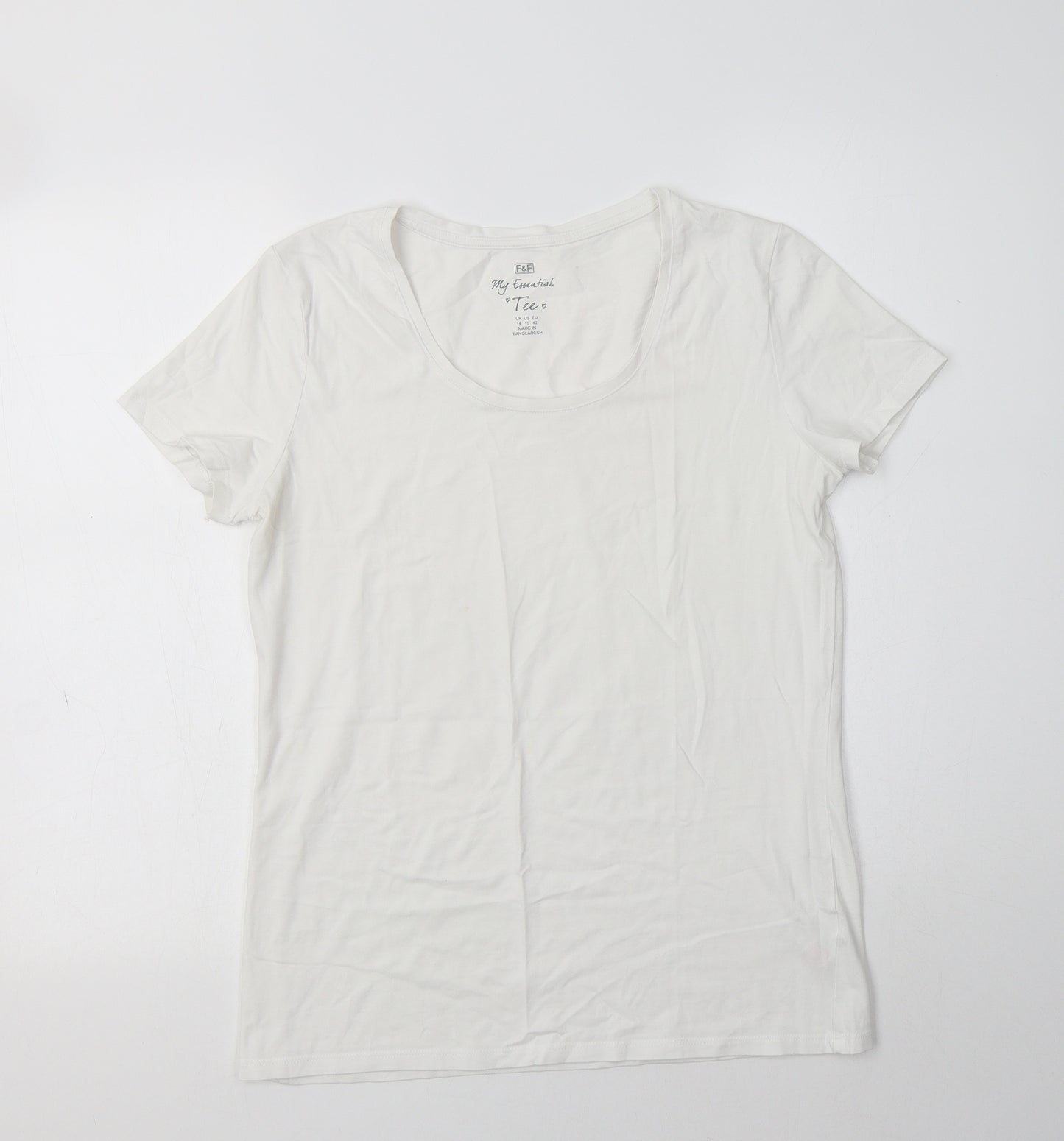 F&F Womens White  Cotton Basic T-Shirt Size 14 Scoop Neck