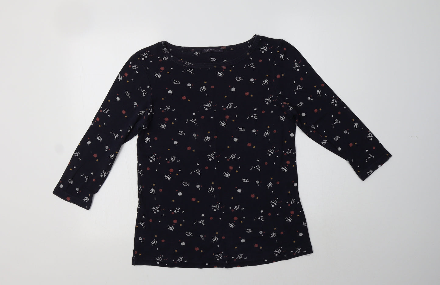 M&S Womens Blue Floral Cotton Basic T-Shirt Size 14 Boat Neck