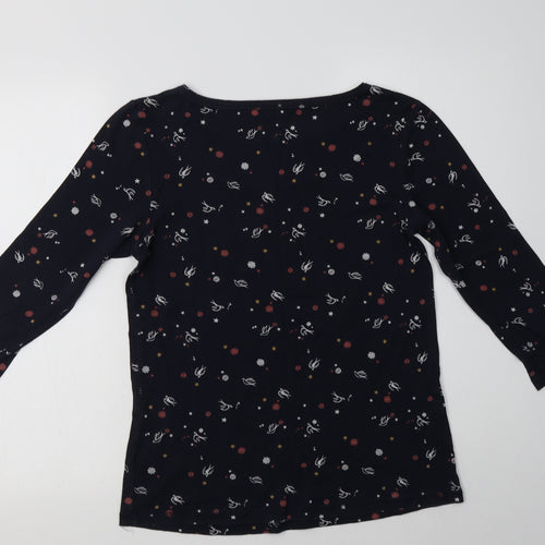 M&S Womens Blue Floral Cotton Basic T-Shirt Size 14 Boat Neck