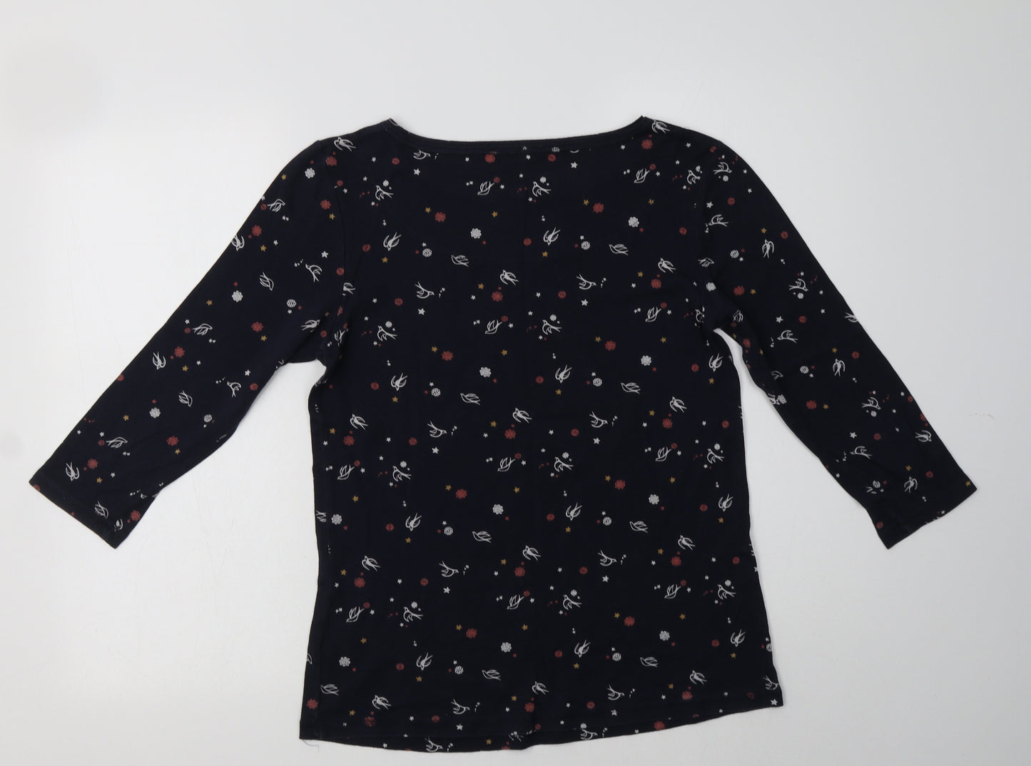 M&S Womens Blue Floral Cotton Basic T-Shirt Size 14 Boat Neck