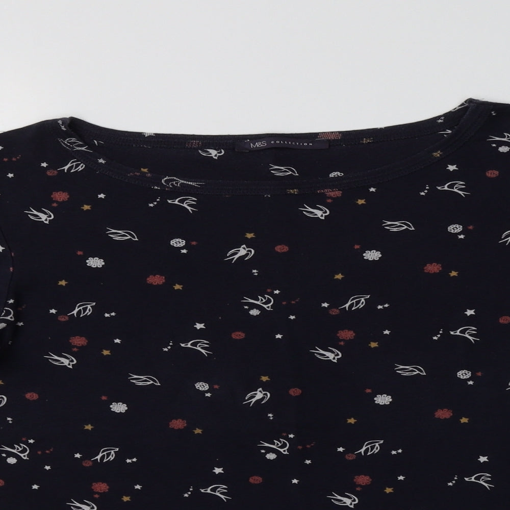 M&S Womens Blue Floral Cotton Basic T-Shirt Size 14 Boat Neck
