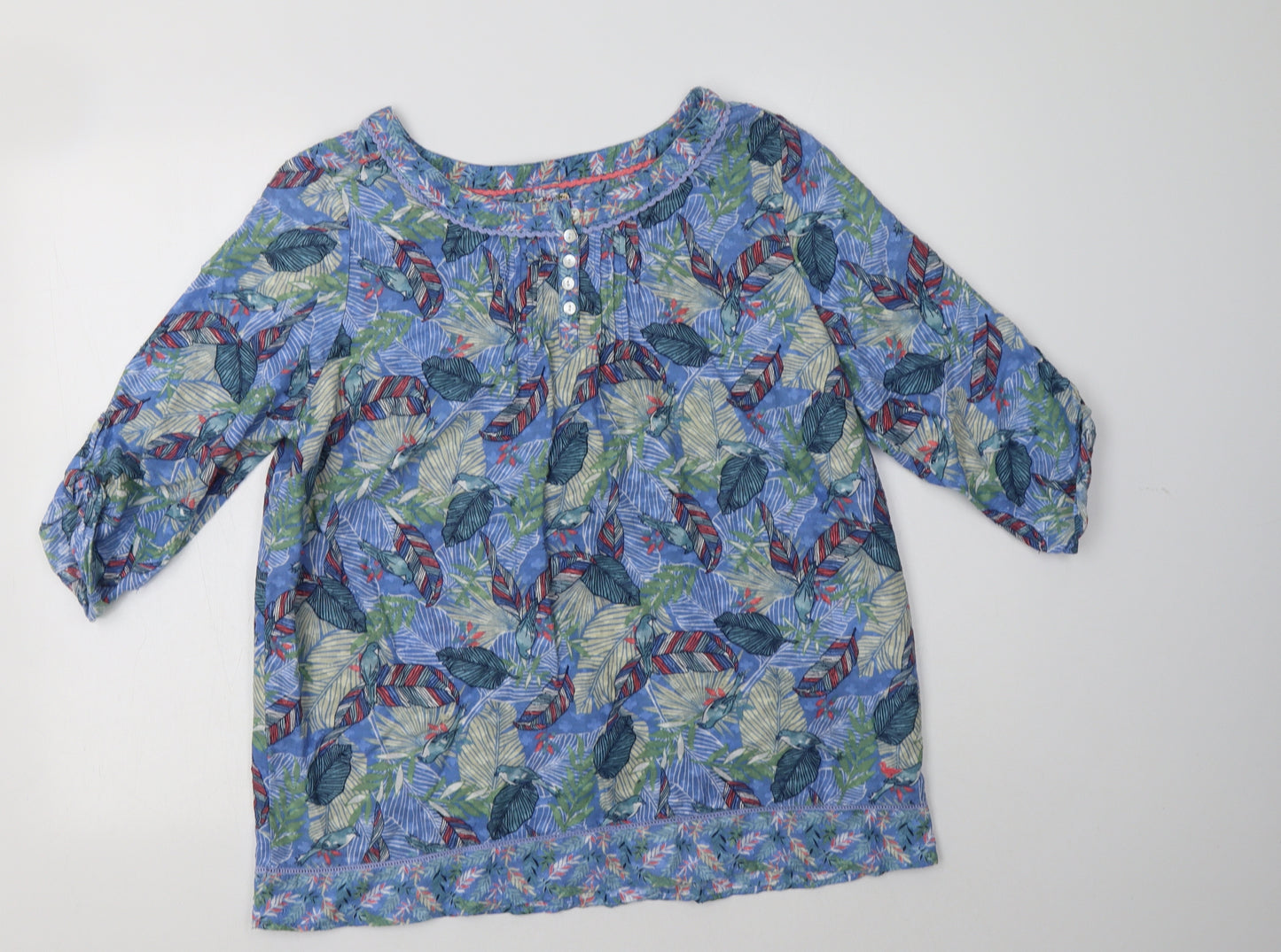 Country Rose Womens Blue Floral Cotton Basic Blouse Size 14 Round Neck