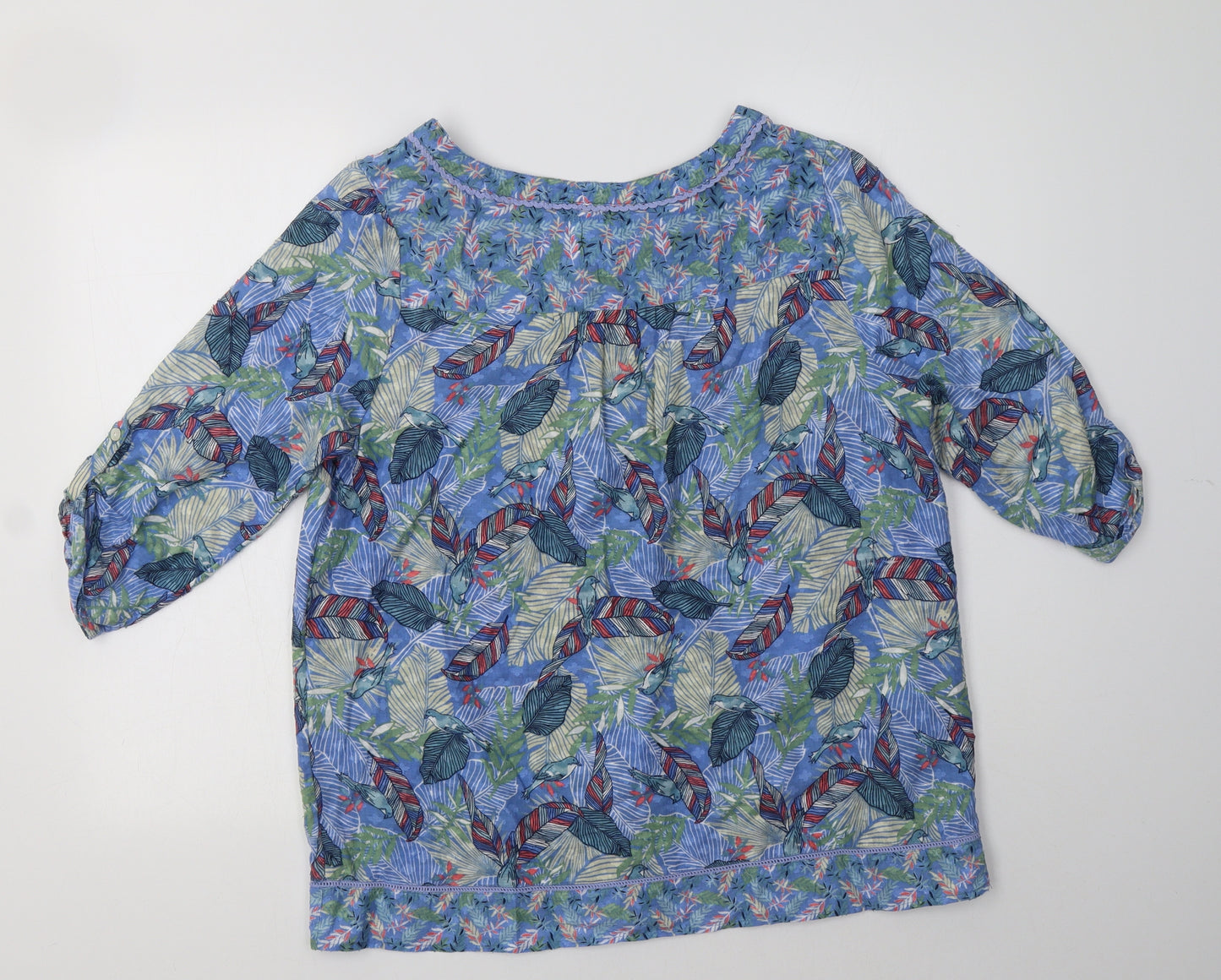 Country Rose Womens Blue Floral Cotton Basic Blouse Size 14 Round Neck