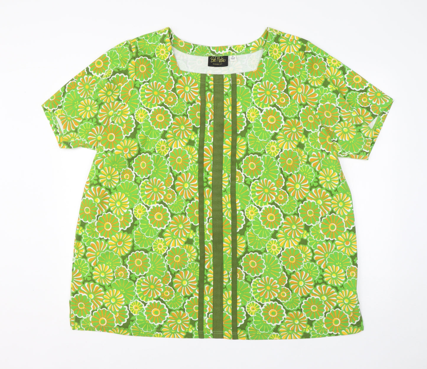 Bob Mackie Womens Green Floral Cotton Basic T-Shirt Size 2XL Round Neck