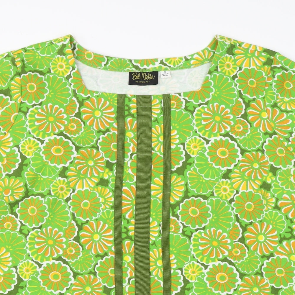 Bob Mackie Womens Green Floral Cotton Basic T-Shirt Size 2XL Round Neck