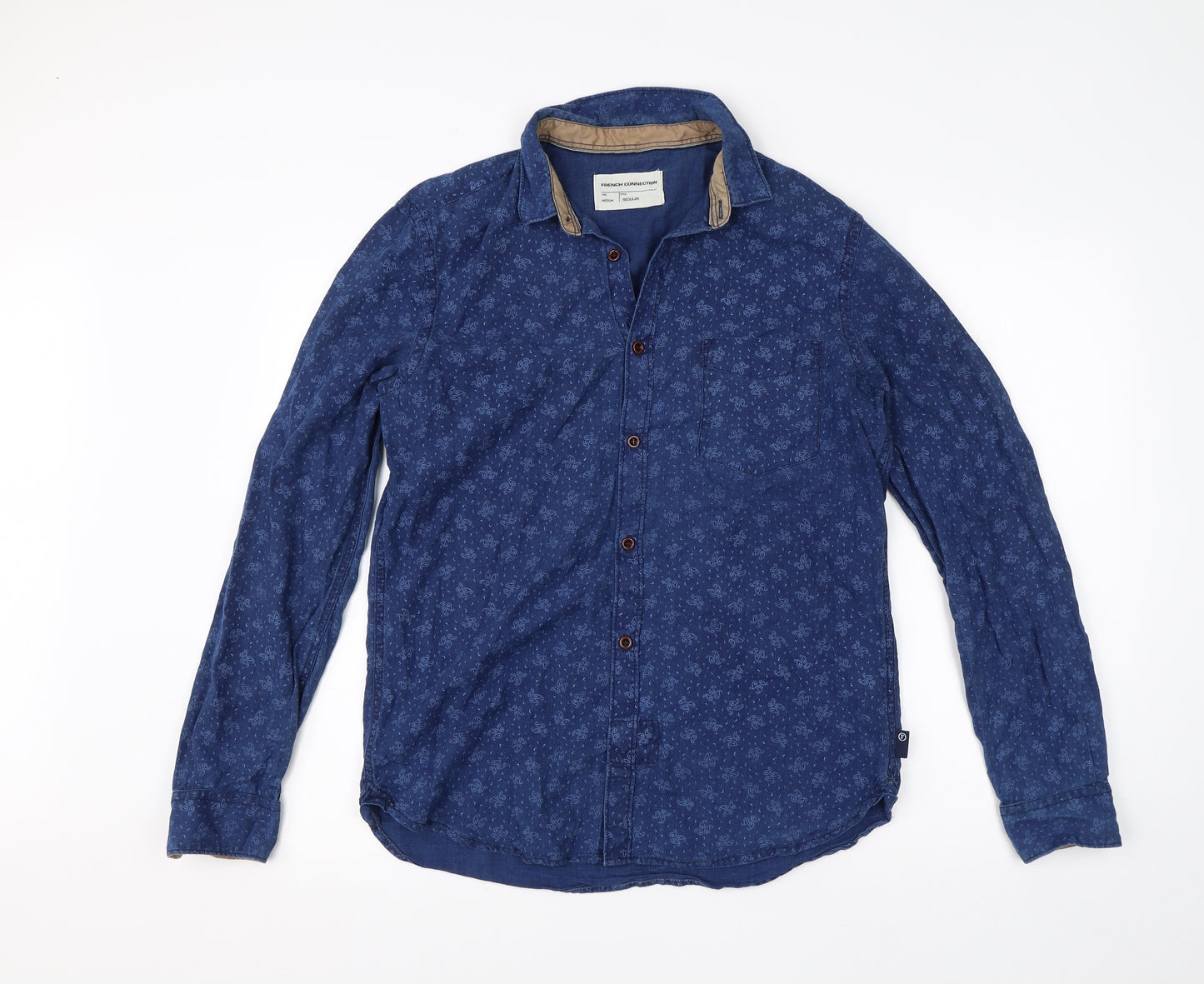 French Connection Mens Blue Paisley Cotton  Dress Shirt Size M Collared Button