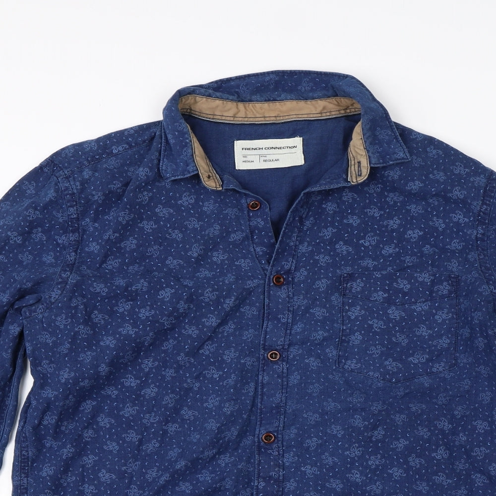 French Connection Mens Blue Paisley Cotton  Dress Shirt Size M Collared Button