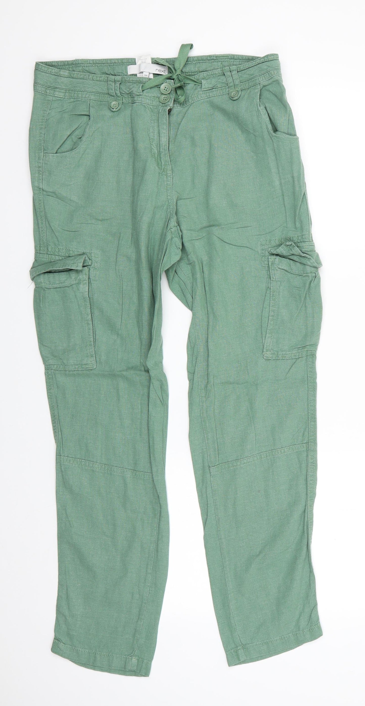 NEXT Womens Green  Linen Cargo Trousers Size 10 L29 in Regular  - Linen Look trousers Mid Green Drawstring