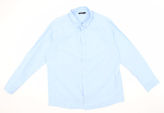 Front view of Capsule men’s blue cotton button-up, size XL, collared