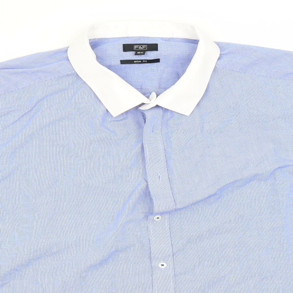 F&F Mens Blue Check Polyester  Button-Up Size 18.5 Collared