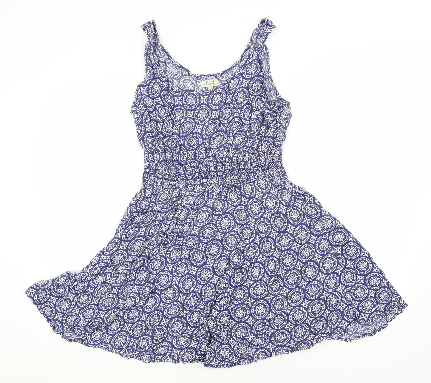 Papaya Womens Blue Geometric Viscose A-Line  Size 16  Round Neck