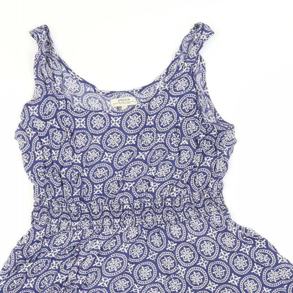 Papaya Womens Blue Geometric Viscose A-Line  Size 16  Round Neck