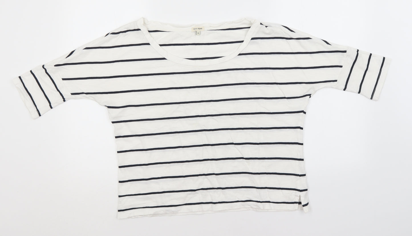 River Island Womens White Striped Cotton Basic T-Shirt Size 10 Round Neck