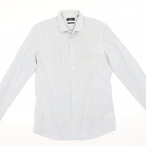 NEXT Mens Blue Striped Polyester  Button-Up Size 15.5 Collared