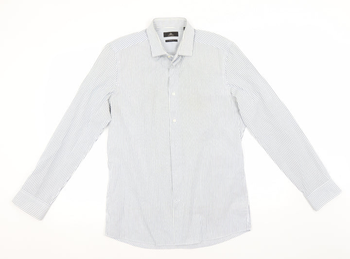 NEXT Mens Blue Striped Polyester Button-Up Size 15.5 Collared