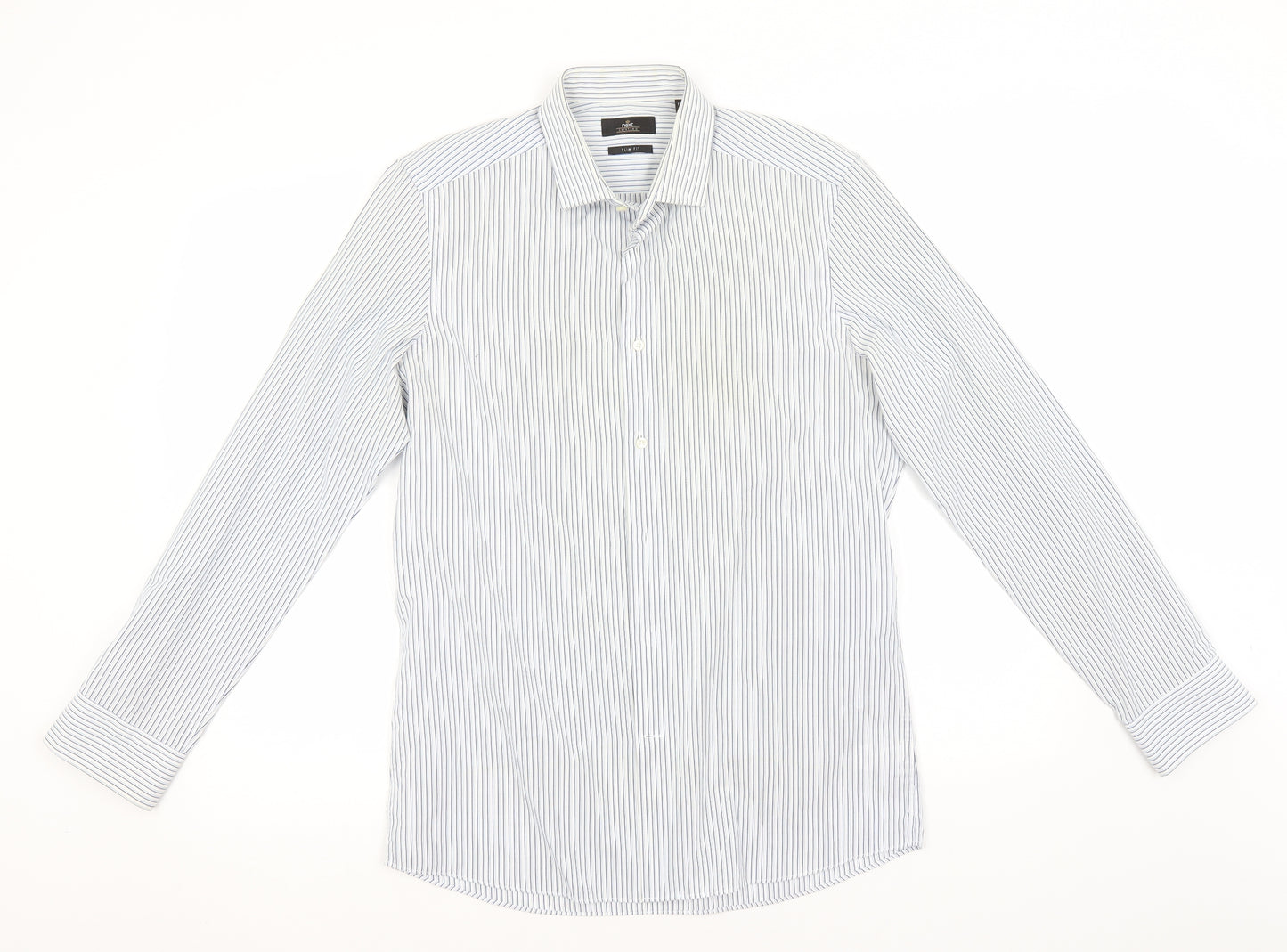 NEXT Mens Blue Striped Polyester  Button-Up Size 15.5 Collared