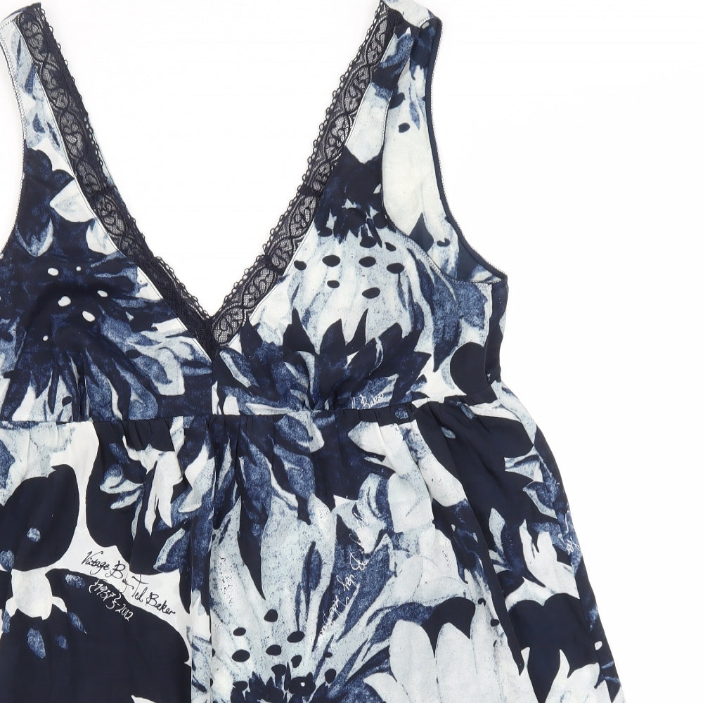 Debenhams Womens Blue Floral Polyester A-Line  Size 16  V-Neck