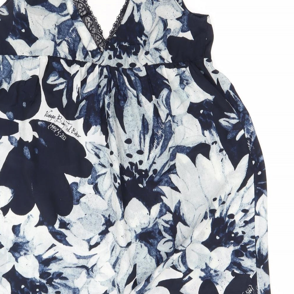 Debenhams Womens Blue Floral Polyester A-Line  Size 16  V-Neck