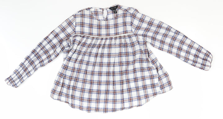 New Look Womens Blue Plaid Cotton Basic T-Shirt Size 8 Round Neck