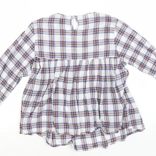 New Look Womens Blue Plaid Cotton Basic T-Shirt Size 8 Round Neck