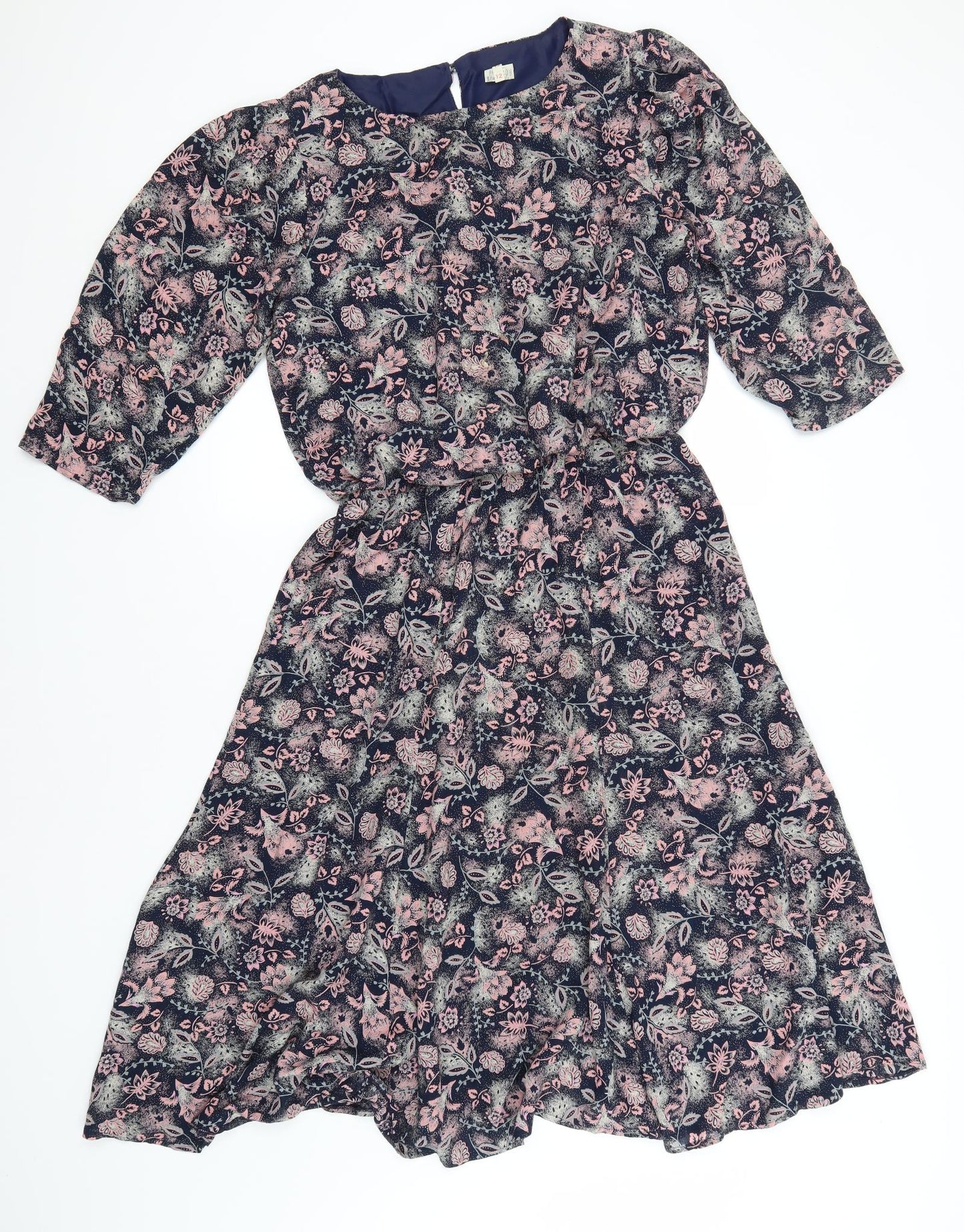 Preworn Womens Blue Floral Viscose A-Line  Size 12  Round Neck
