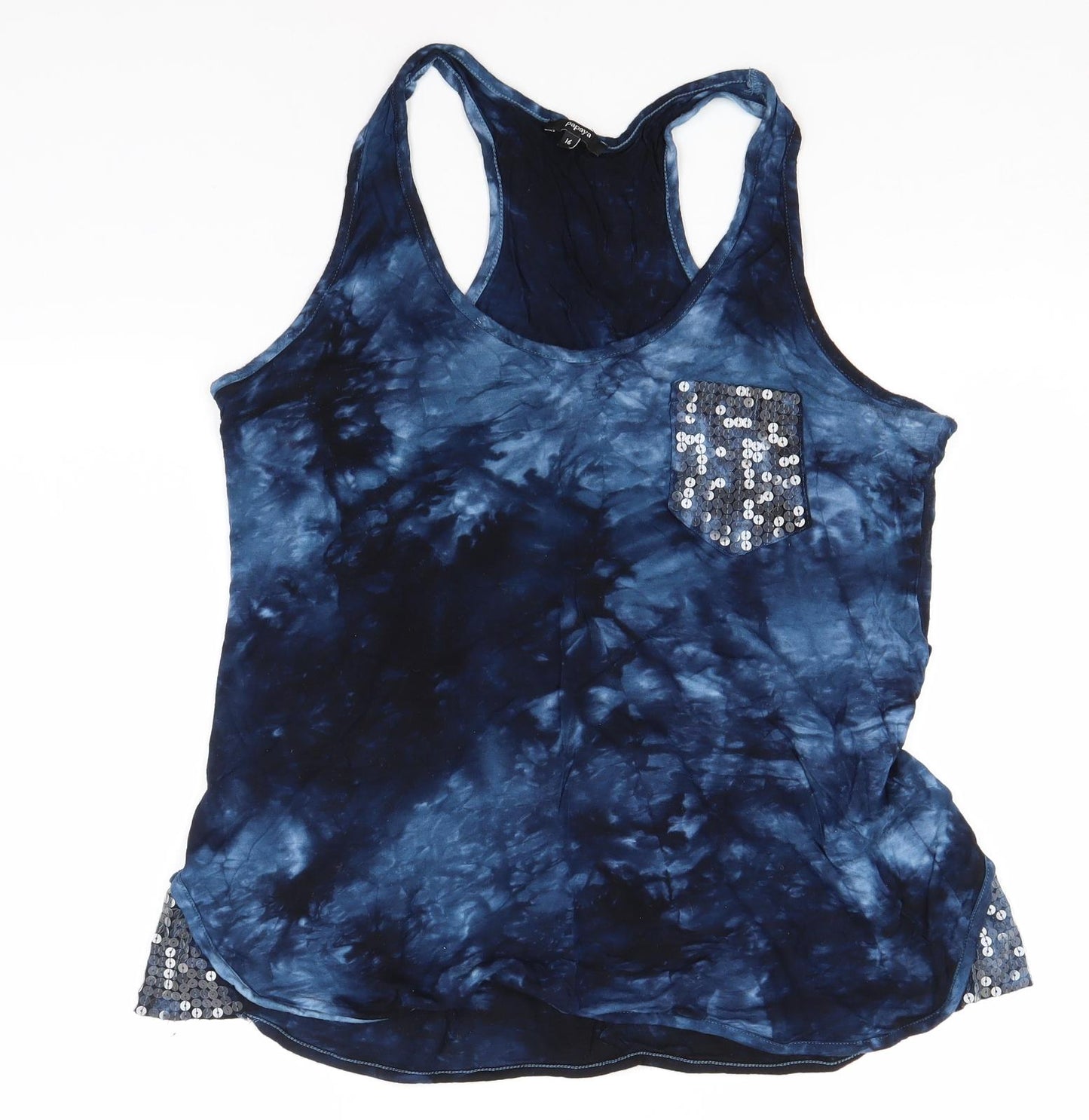 Papaya Womens Blue Geometric Viscose Basic Tank Size 16 Roll Neck