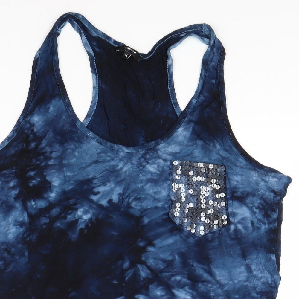 Papaya Womens Blue Geometric Viscose Basic Tank Size 16 Roll Neck