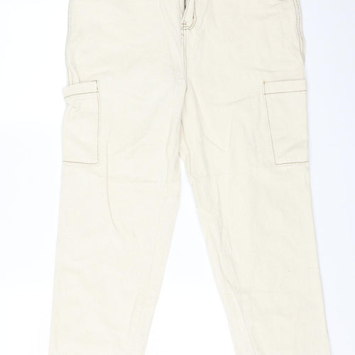 Boohoo Womens Ivory  Cotton Straight Jeans Size 12 L25 in Regular