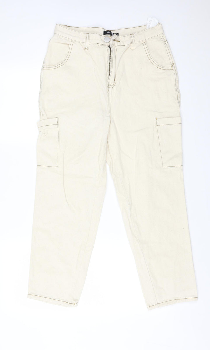Boohoo Womens Ivory Cotton Straight Jeans Size 12 L25 in Regular