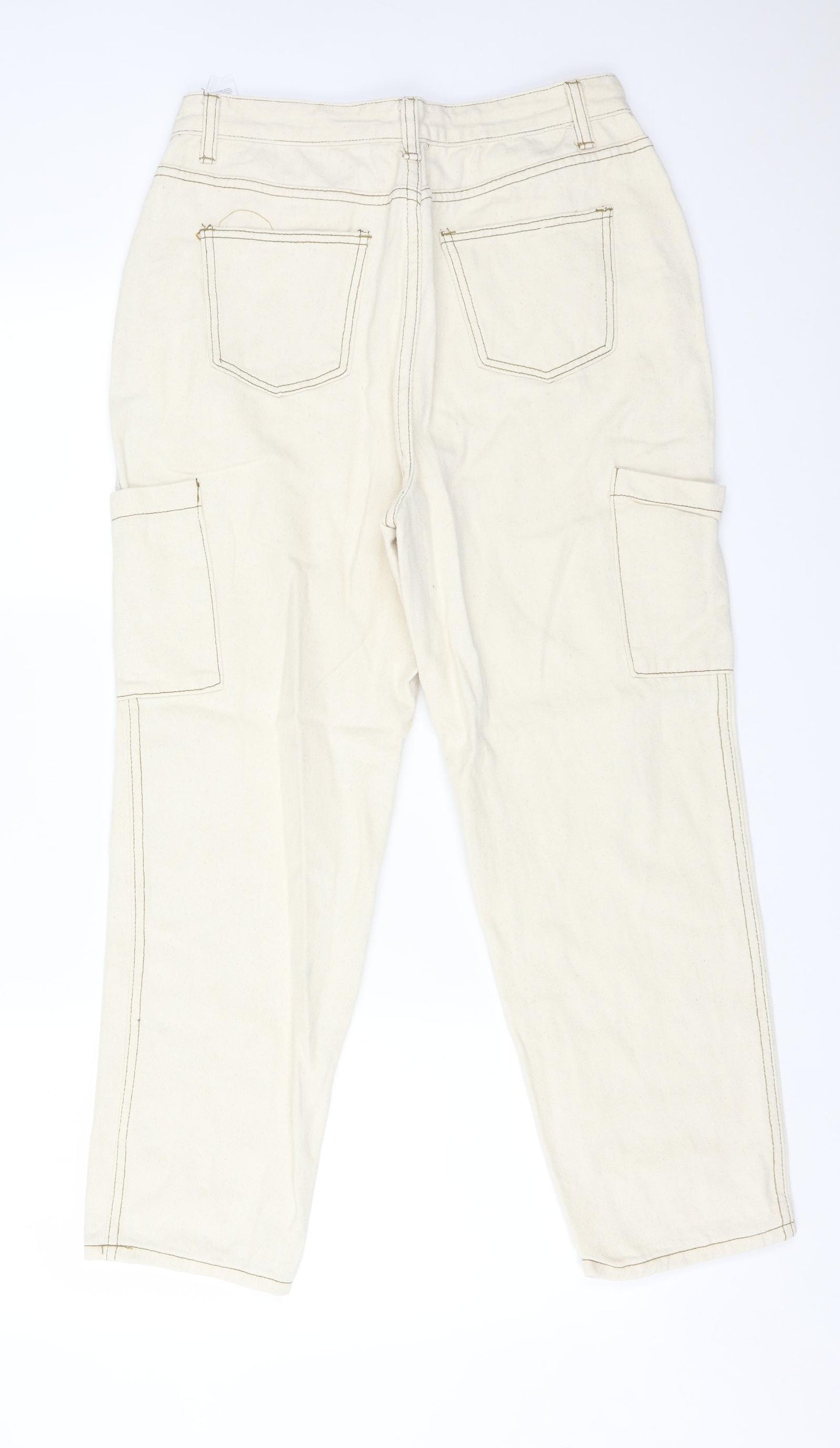 Boohoo Womens Ivory  Cotton Straight Jeans Size 12 L25 in Regular
