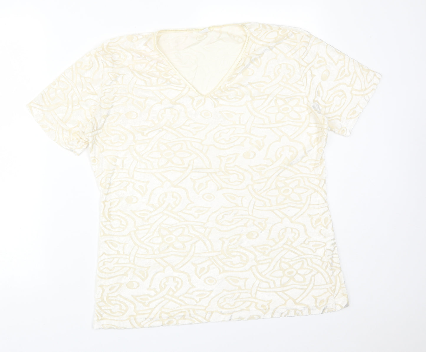 Preworn Womens Ivory Geometric Viscose Basic T-Shirt Size 22 V-Neck