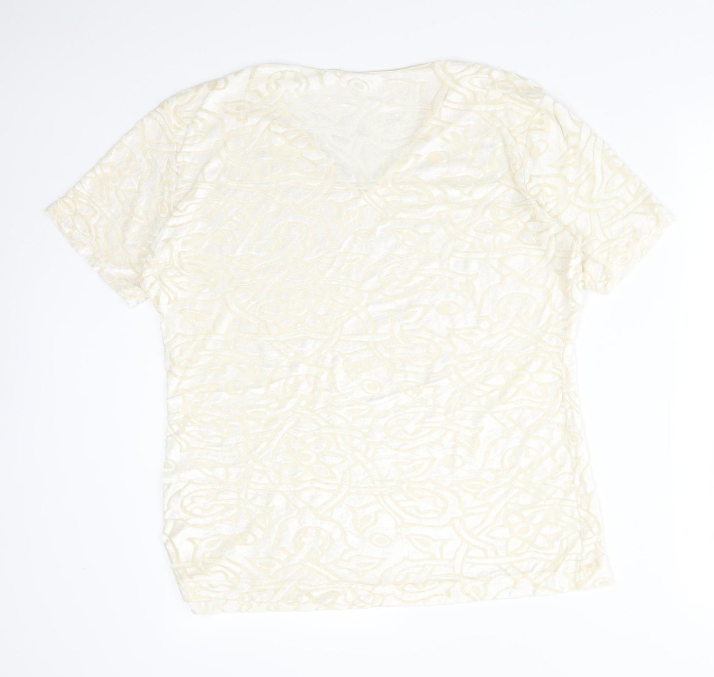 Preworn Womens Ivory Geometric Viscose Basic T-Shirt Size 22 V-Neck