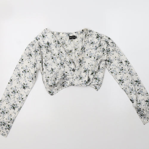 PRETTYLITTLETHING Womens White Floral Polyester Cropped Blouse Size 4 V-Neck
