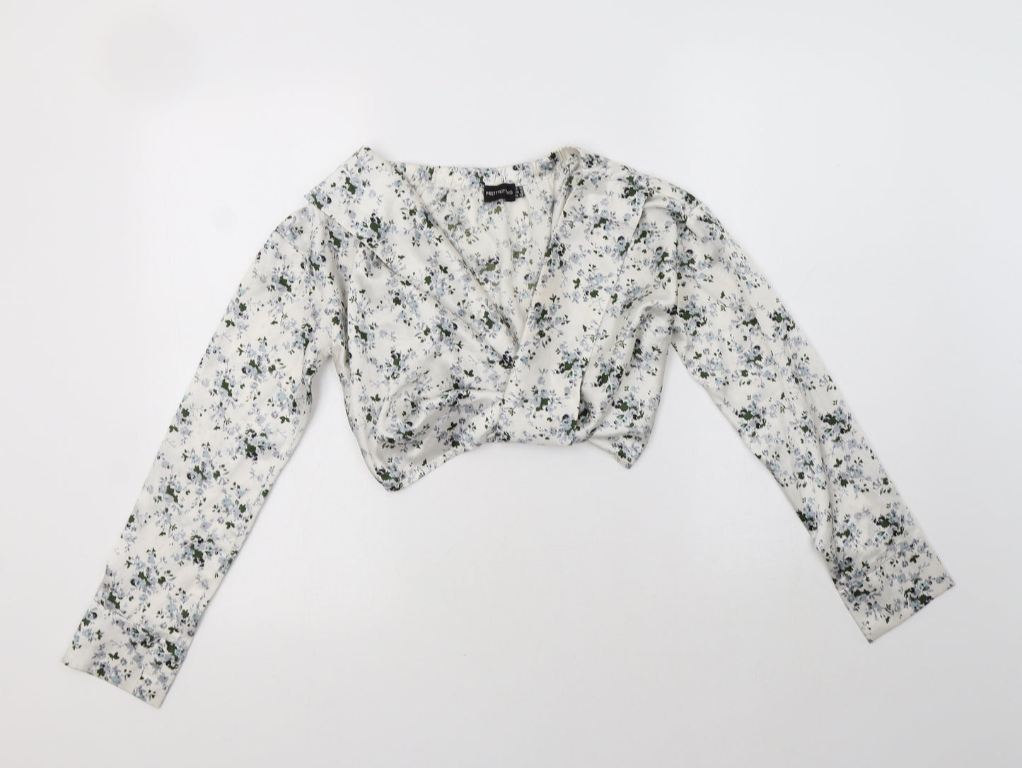 PRETTYLITTLETHING Womens White Floral Polyester Cropped Blouse Size 4 V-Neck