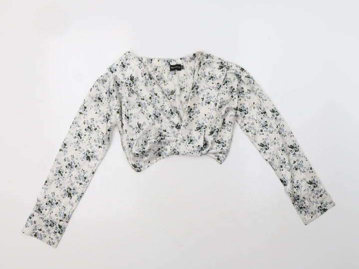PRETTYLITTLETHING Womens White Floral Polyester Cropped Blouse Size 4 V-Neck