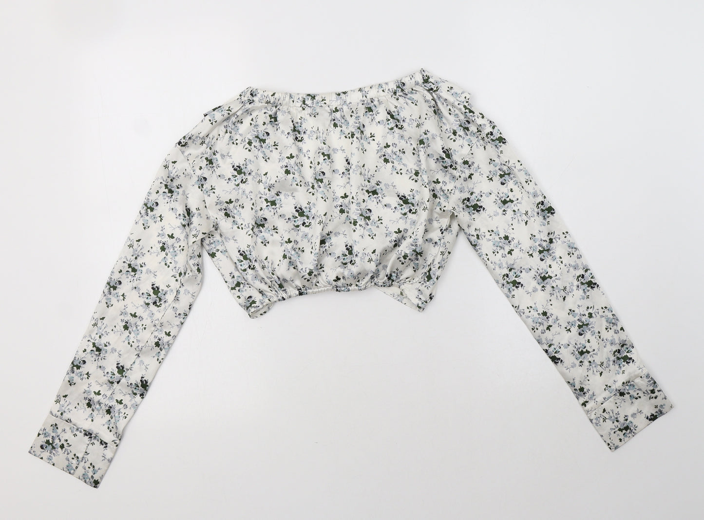 PRETTYLITTLETHING Womens White Floral Polyester Cropped Blouse Size 4 V-Neck