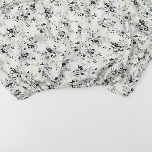 PRETTYLITTLETHING Womens White Floral Polyester Cropped Blouse Size 4 V-Neck