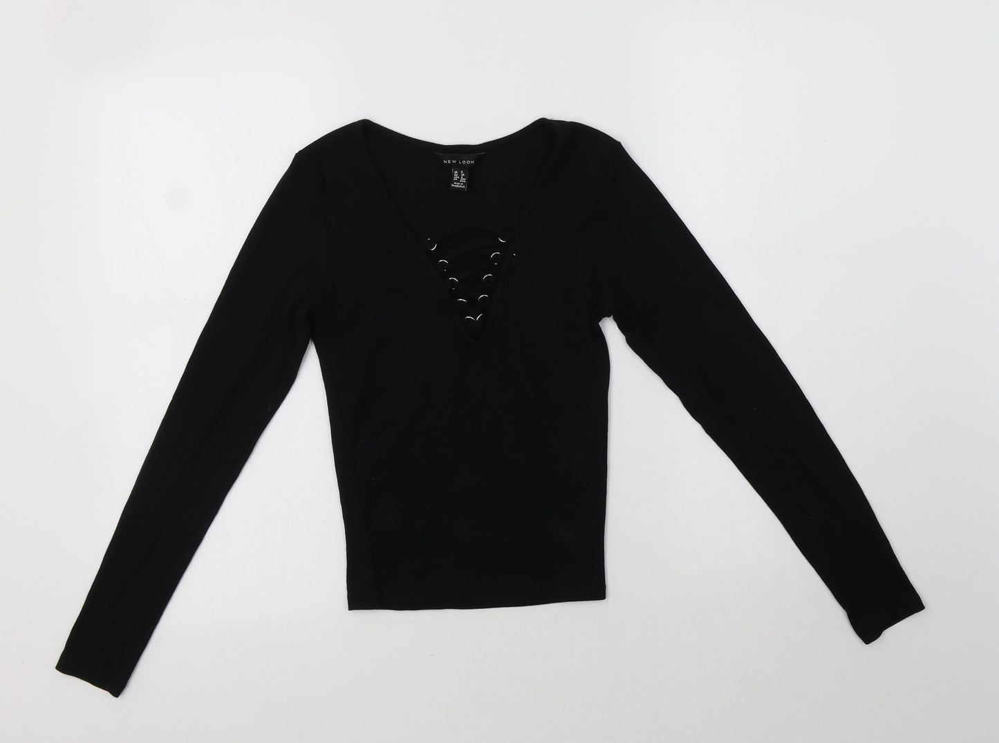 New Look Womens Black  Cotton Basic T-Shirt Size 8 V-Neck
